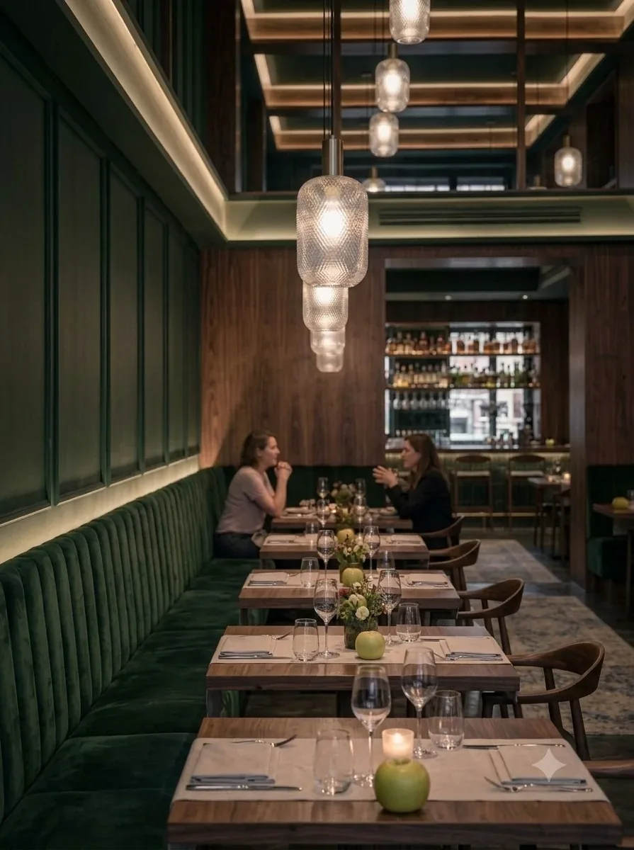 Sala con banquetas de terciopelo verde en Marqués